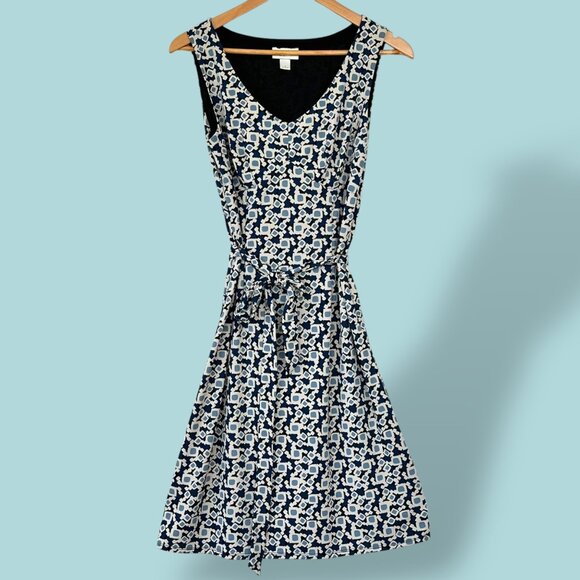 Ann Taylor LOFT Geometric Sheath Dress Belted Babydoll Top Blue Cream Size 4 - Picture 1 of 7